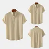 Men's T Shirts Men Solid Color Shirt Stylish Stand Collar Button-up For Business Beach Wear Short Sleeve Loose Fit Top