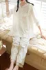 Pijamas femininos femininos princesa manga comprida renda plissado pijama conjuntos tops + calças. vintage senhoras algodão pijamas conjunto vitoriano meninas casa sleepwearc24319