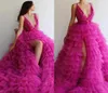 Fuchsia Tiered Prom Dresses With Deep V Neck Ruffles Cake Skirts Tulle Red Carpet Celebrity Evening Dress Puffy Side Split Pageant8332331