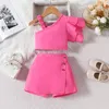 Clothing Sets Kids Girls Ruffle Sleeve Asymmetric One Shoulder Crop Tops And Shorts Skirt Solid Color Summer Outfits Set 18M-6Y