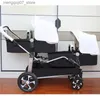 Passeggini # 2024 Nuovi passeggini per bambini in pelle PU di lussopasseggino gemellare biancocarrozzina per bambinipasseggino doppiopasseggino gemellareEggshell baby car L240319