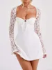 Casual Dresses Women Mini Dress Long Sleeve Backless Low-cut Tie-up Lace Patchwork Cocktail Sexy Party Club Bodycon