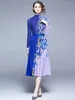 ワークドレス女性ファッションフラワープリント長袖プルオーバートッププリーツミディラインスカート2 PCS滑走路セット秋のストリートウェアの衣装