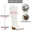 Boots Femmes Western Boots Knee High Fashion pointu Toe Cowboy Cowgirls Boots Boots White Slip on Chunky Block Talons Chaussures Hiver