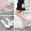 Dress Shoes Dress Shoes Slippers Sexy Clear Pvc Women Plastic Crystal High Heels 15CM Transparent Open Toe Flowers Platform Outdoor Slippers R0ZX H240321