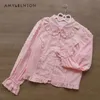 Damenblusen, Kawaii All-Match, einfarbig, Lolita, süßer Puppenkragen, Puffärmel, niedliche Spitze, lange Bluse, Damen, Retro-Slim-Fit-Oberteile