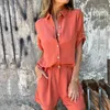 Survêtements pour femmes Femmes Casual Lâche Coton Linge Ensemble Mode Revers Collier Blouse Pantalon Court Tenues 2024 Élégant Poche Solide Chemise 2PC