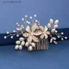 Tiaras Trendy Handmade Tiara Wedding Hair Comb Leaf flower Bridal Headpiece Gold Pearl Rhinestone Head Jewelry Wedding Hair Accessories Y240319