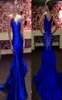 Elegante abito da sera blu royal lungo 2022 senza maniche in raso con sirena abiti da ballo con paillettes sul retro Miss USA Abiti da spettacolo pageant2058956