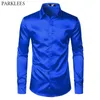 Royal Blue Silk Satin Shirt Men Luxury Brand Slim Fit Mens Dress Shirts Wedding Party Casual Male Casual Shirt Chemise 240314