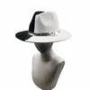 Berretti Nero Bianco Donna Patchwork Cappello Fedora Uomo Tesa larga Feltro di lana Cappelli jazz con fibbia per cintura sottile Panama Trilby Cap
