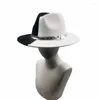 Bérets Noir Blanc Femmes Patchwork Fedora Chapeau Hommes Large Bord Laine Feutre Jazz Chapeaux Avec Boucle De Ceinture Mince Panama Trilby Cap