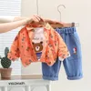 2023 autumn fashion childrens clothing baby cartoon dinosaur cute set boys solid color Plaid Shirt jeans three piece 240314