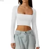 Dames T-shirt Dames Sexy Vierkante Hals Open Navelstreng Top Lange Mouw Slim Fit Korte T-shirtC24319