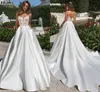 Abiti da sposa moderni in raso con linea A per spose con tasche Girocollo trasparente applicato in pizzo Plus Size Abiti da sposa semplici Sweep Train Backless Robes de Mariee YD