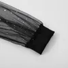 Elegantes schwarzes Mesh-Pailletten-langes Kleid für Damen mit tiefem V-Ausschnitt, Wickel-Hüfte, geteilt, hohe Taille, weibliche unregelmäßige Rüschen, Abendparty-Kleid 240309