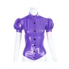 Women's Blouses Fashion Puff Short Sleeve Slim Fit Shirt Glossy PVC Leather Exotic Button Down Shirts Lady Turn-down Collar Rave Bar Club