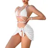 Roupa de banho feminina 3 pçs/set sexy conjunto de biquíni cor sólida halter sutiã rendas-up tanga cobrir saia criss cross feminino maiô