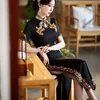 Vêtements ethniques Vintage Tempérament Noir Cheongsam Grande Taille 5XL Robes Sexy Slim Long Qipao Stage Performance Robe de Fête Traditionnelle