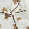 born Baby Sleepwear Pajama Loungewear Boys Girls Cartoon Bear Print Short Sleeve Front Pocket Lapel TopsShorts Unisex 240313
