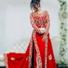 Algeriet Karakou Kaftan Red Evening Dresses Gold Lace Applicques Long Hides Elegant Arabic Dubai Prom Party Gown Vestido de Novia Celebrity Wear for Women