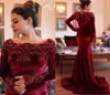 Vintage Bourgogne Velvet Long Sleeve Formal Evening Dress Major Beading Zipper Saudiarabiska tillfälle Party Prom Gown Pageant Celebi6725076