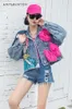 Potdemiel Fashion Brand Jeans Coat Women Spring Autumn Heavy Industry Cartoon Sequins High Street LooseFitting Denim Coats 240311