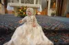 Classy Long Sleeve Christening Gowns For Baby Girls Lace Appliqued Pearls Baptism Dresses With Bonnet First Communication Dress