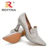 Boots Royyna 2021 Designers Novos Designers Sapatos de Casamento Mulheres Patente Bombas de Couro Senhoras Altas Trendy Sapatos de Escritório de Toe Pontos feminimo