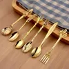 Flatware Sets 6Pcs/Set Vintage Spoons Fork Mini Royal Style Metal Gold Carved Coffee Fruit Prikkers Dessert Kitchen Tool Teaspoon