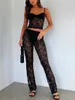 Kvinnors tvåbitar byxor Sheer Floral Lace 2 Outfits For Women Sexig bodycon ärmlös kamisolskörd och pyjamas loungesats