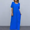 Casual Dresses Women Solid Color Dress Long Soft Breathable Maxi With O Neck Button Decor Ankle Length Split Women's