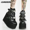 Stövlar Kvinnor Ankelstövlar Platform Kil Super High Heel Gothic Metal Heart Female Pumpar Autumn Ladies Belt Round Toe Lolita Punk Shoe