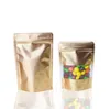 Wholesale Gold Stand Up Mylar Zipper lock Bags with Window Aluminum Foil Resealable Food Packing Pouch Seal Foil candy snacks packing bags LT848