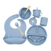 Baby Zachte Siliconen Servies Set Babyvoeding Gerechten Plaat Sucker Kom Slabbetjes Lepel Vork Set Kinderen Antislip Servies BPA-vrij 240319