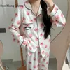 Kvinnors sömnkläder runxiangcheng 2024 Ruby Cotton Pyjamas långärmad söt rosa bäver heminredning set