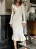 Taruxy yüksek bel fırfırlı maxi elbiseler kadınlar için sonbahar kış örgü ince uzun elbise kadın vintage kadın retro zarif 240305