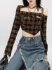 Magliette da donna T-shirt Design da donna Sexy Chic Autunno Quotidiano Asimmetrico Top corto Elegante plaid Ragazze dolci Stile coreano di base