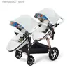 عربات# 2024 جديد Twin Baby Strollerseggshel مزدوج الأطفال StrollerSluxury الجلود البيض للطفل طي مزدوجة حديثي الولادة Pram L240319