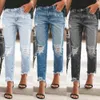 2023 Womens Mid Taille Gescheurde Jeans Fashion Casual Enkellange Denim Rechte Pijpen Broek Grijsblauw S2XL Drop 240315