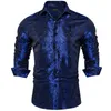 Herrklänningskjortor Luxury Black Paisley Silk Polyester Men Shirt Långärmad solid Blue Red Green Slå ner krage för bröllopsprom