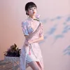 Etnik Giyim Kadın Tatlı Sevimli Qipao Vintage Geliştirilmiş Geleneksel Çin Elbise Pembe Dantel Cheongsam Seksi Zarif Günlük Boş Zaman Vestidos
