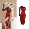 Stage Wear Women Latin Dance Dress Single Sleeve Off-Shoulder Velvet Cha Tango Competition Clothes Samba Costume VDB5855