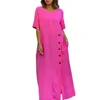 Casual Dresses Women Solid Color Dress Long Soft Breathable Maxi With O Neck Button Decor Ankle Length Split Women's