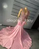 Pink Long Sparkly Mermaid Prom Ceremony Dresses For Black Girl 2024 Luxury Crystal Beaded Evening Gown Robe de Soiree