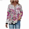 T-Shirt Femme Rétro Femmes T-shirts Chemises Style Ethnique Imprimé Floral Pulls Hauts Bohème Manches Longues Demi Bouton Col V T-Shirt Printemps AutomneC24319