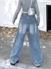 Jeans pour femmes Y2K Baggy sangle détachable taille haute ample décontracté pantalon droit jambe large poche petit ami Harajuku bleu clair