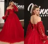 Abiti da ballo in tulle rosso con scollo a cuore con maniche lunghe rimovibili Delicato pizzo applicato Plus Size Abiti da festa per occasioni speciali Abiti da sera formale CL3398