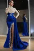 Royal Blue High Neck Evening Dresses Luxury Beaded Crystals Illusion Bodice Long Sleeves Split Formal Party Occase Prom Gowns Arbaic Dubai Dress