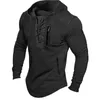 2024 hommes automne printemps haut à lacets cordon couleur unie fermeture éclair manches longues poches pull Streetwear mi-long sweat à capuche 240307